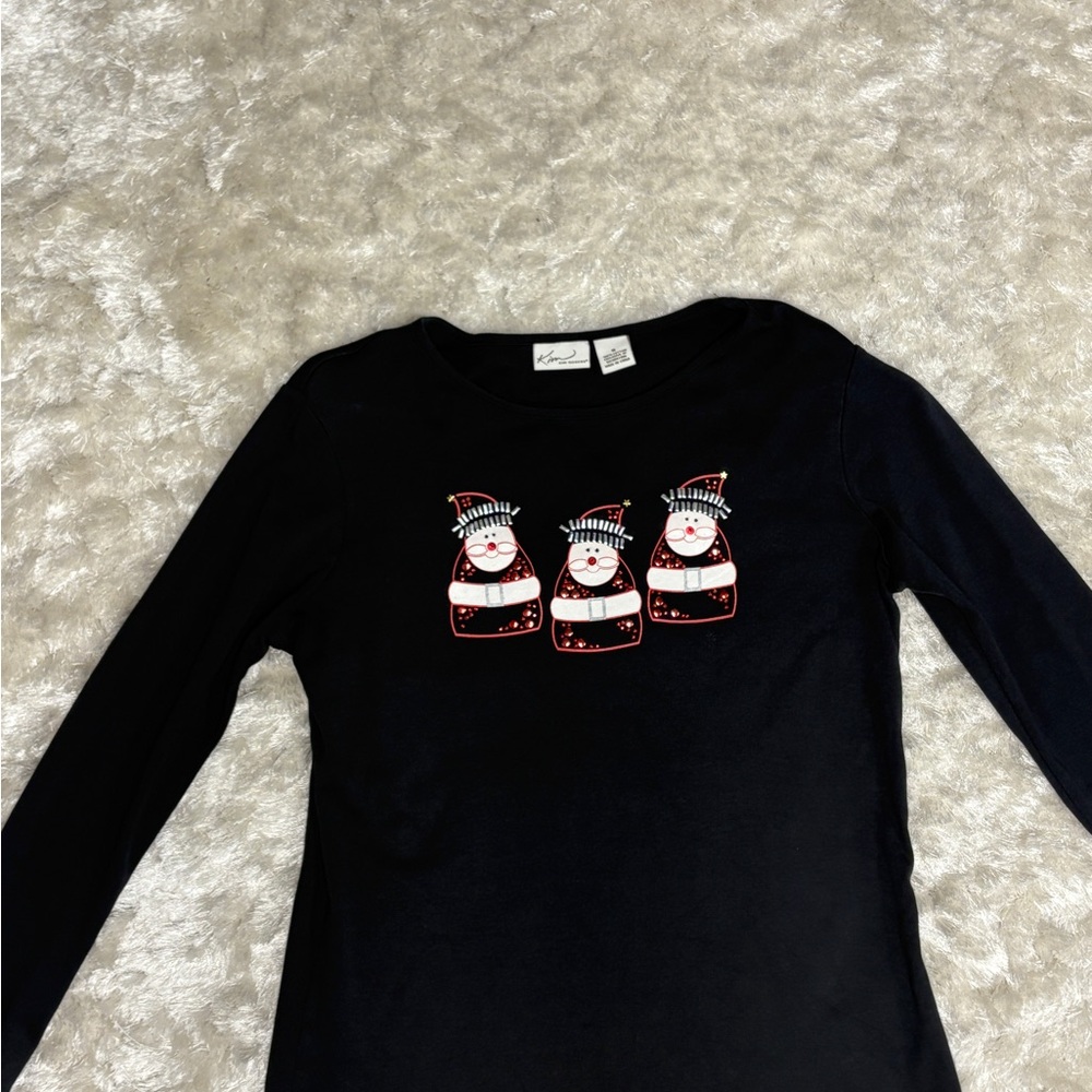 Kim Rogers Santa Snowman Tee Christmas Holiday Black Long Sleeve -100% cotton